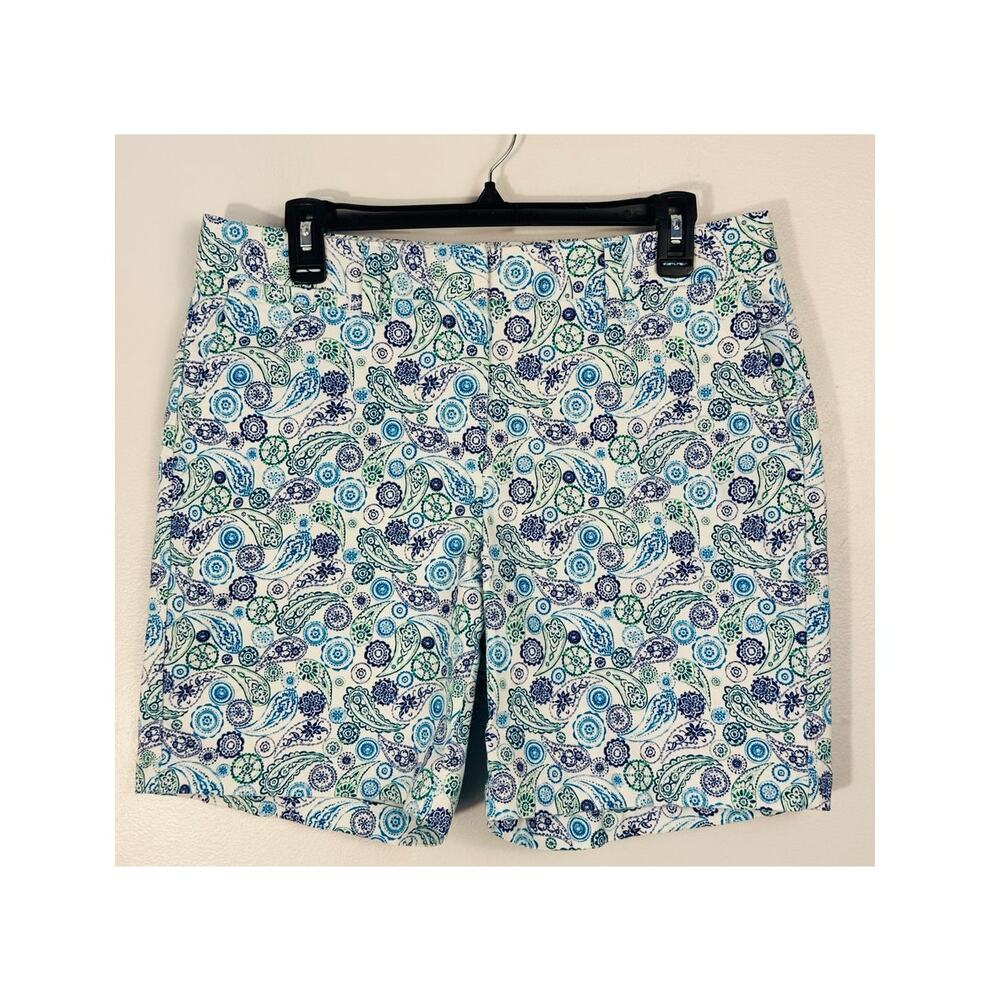 Lands' End Bermuda Shorts Women 10 Blue Green Paisley Chino Coastal Preppy